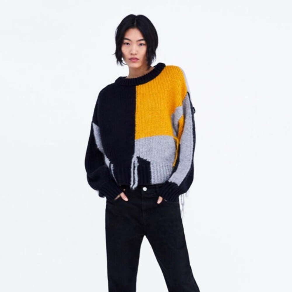 Zara Multicolor Crew Neck Sweater - Black, Mustard, Gray